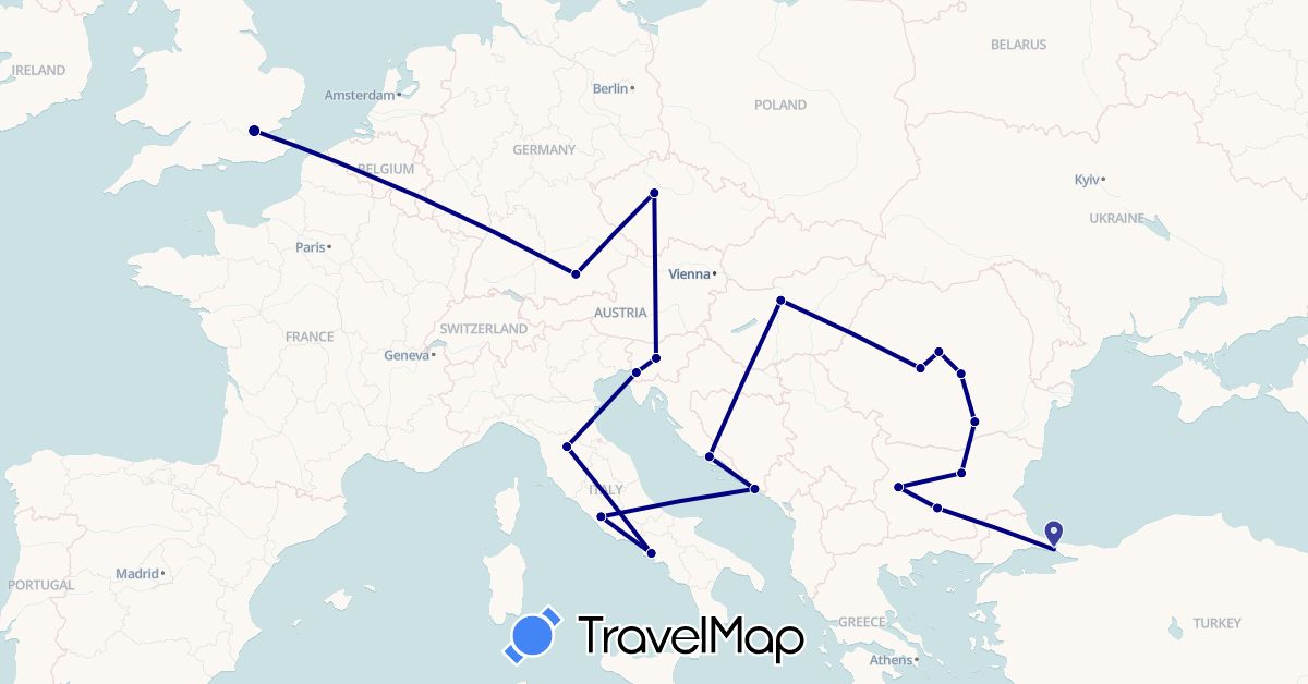 TravelMap itinerary: driving in Bulgaria, Czech Republic, Germany, United Kingdom, Croatia, Hungary, Italy, Romania, Slovenia, Turkey (Asia, Europe)